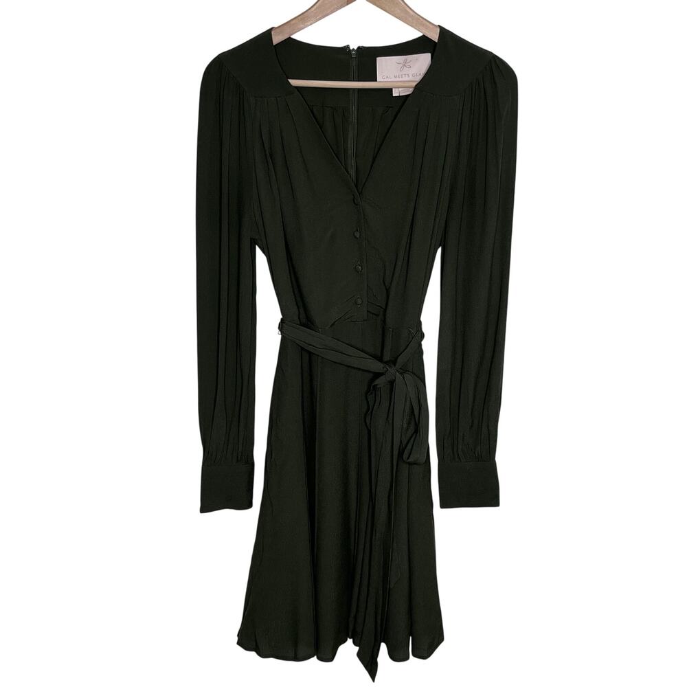 Gal Meets Glam Olive Green Faux Wrap Tie Waist Mini Dress Long Sleeve US 2 - Picture 2 of 10
